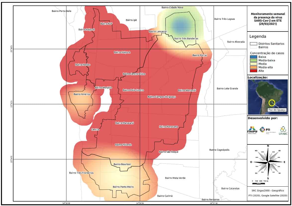Mapas de calor do monitoramento de esgoto mostram dois momentos da pandemia de covid-19 em Foz do Iguaçu. No primeiro, no final de março, incidência alta do vírus em quase todas as regiões da cidade; no segundo, do final de junho, situação inversa, com baixa concentração do vírus nos bairros monitorados.